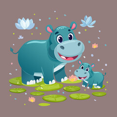 Naklejka premium Smiling hippo mother and baby in water with floral decorations for mother day cards nursery room decor and safari animal family love concepts