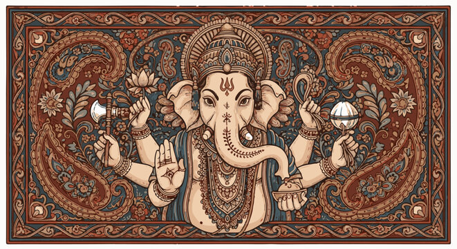 Ornate depiction of multi-armed elephant deity with intricate paisley border