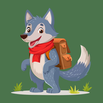 Happy wolf traveler with backpack and red scarf for winter hiking themes forest exploration and fun woodland animal mascot character designs for kids