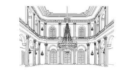 Obraz premium Ornate interior, classical building, grand chandelier, arched windows, pillars