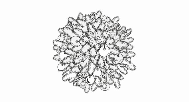 A sketch of a festive Christmas tree branch adorned with ornaments and candy canes