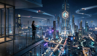 Obraz premium Futuristic Smart City at Night with Flying Cars and Professional Woman on Balcony,Advanced Urban Metropolis: A Vision of the Future with High-Tech Skyscrapers and Air Traffic,Cyberpunk Style Cityscape