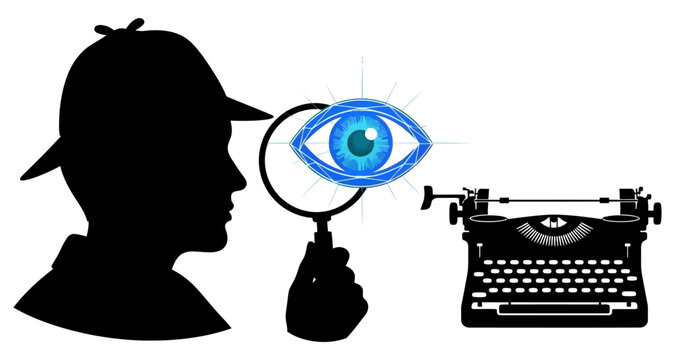 Detective silhouette examining typewriter with glowing eye during investigation against white background
