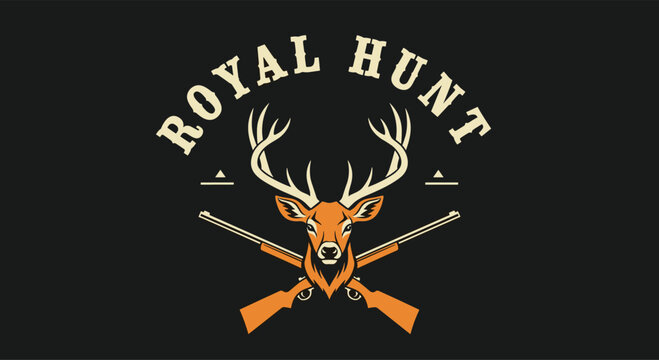 Vintage-style Royal Hunt logo featuring a majestic deer head with large antlers positioned over crossed hunting rifles on dark.