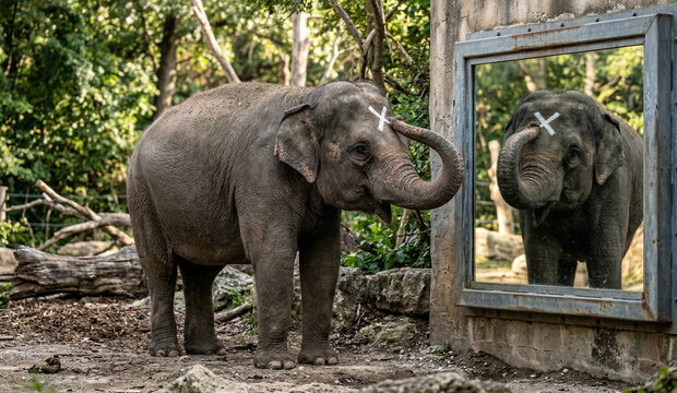 Intelligent Asian Elephant Recognizing Itself in a Mirror with a White Mark on Forehead,Animal Intelligence Concept: Elephant Undergoing the Mirror Self-Awareness Test
