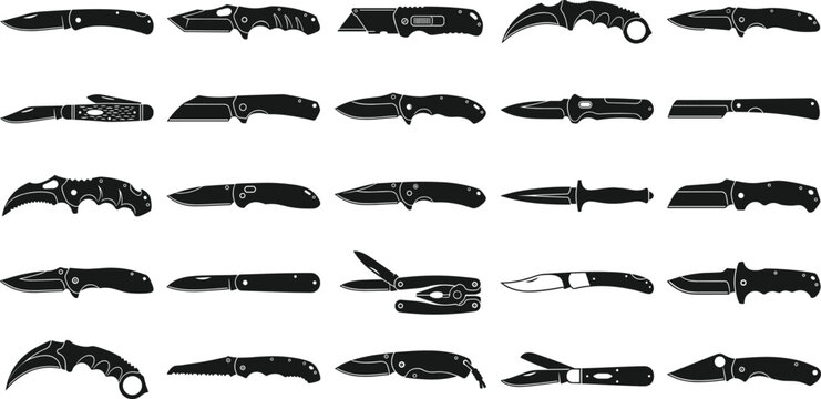 Knife silhouettes collection, various folding and tactical blade designs, black vector set of pocket knives and tools for survival, outdoor, utility and design illustration use