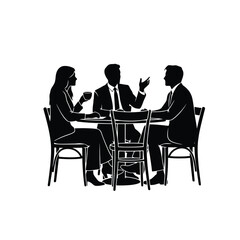 Obraz premium Business Discussion Silhouette at Table, Corporate Meeting and Coffee Conversation Vector Illustration