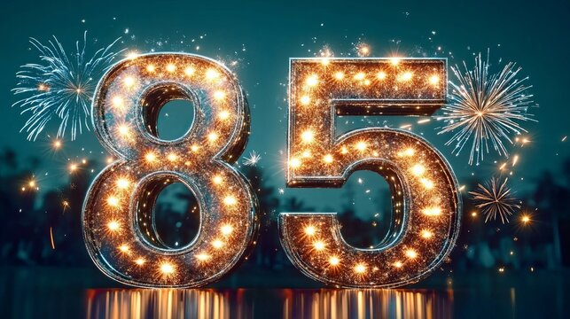Eighty-Fifth Anniversary Celebration with Fireworks and Sparkling Lights on Green Background
