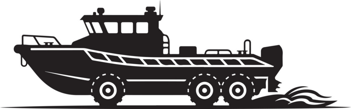 Black boat, amphibious vehicle, speedboat, silhouette, vector graphics