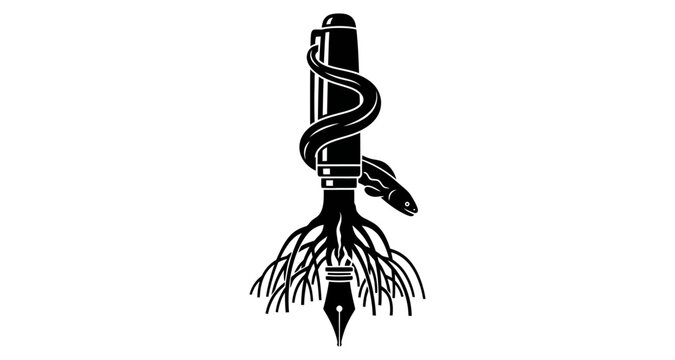 Pen with roots and snake silhouette against white background for creative concept