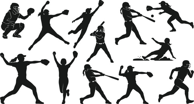 Softball player silhouettes set, female athletes pitching, batting, catching and running, dynamic sports action vector collection for training, competition, fitness and team game design