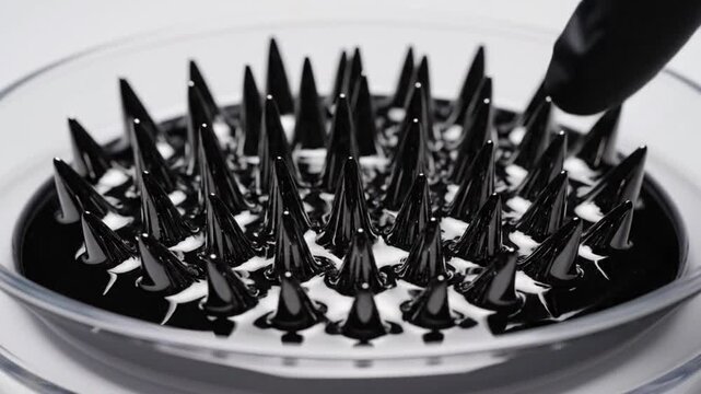 Ferrofluid Magnetic Fluid Spikes in Dish with Finger Touching