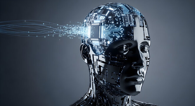 Futuristic Robot Head with Glowing Circuit Board and Data Streams - AI and Technology Concept