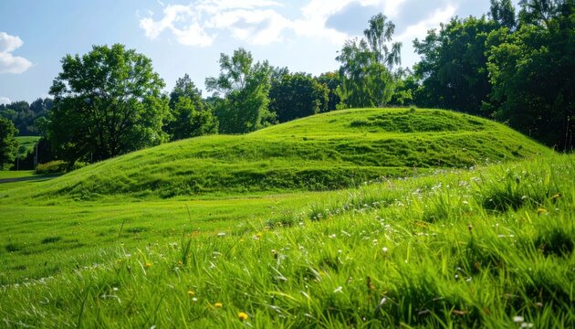 Ancient Burial Mound Covered in Lush Green Grass Under a Blue Sky.