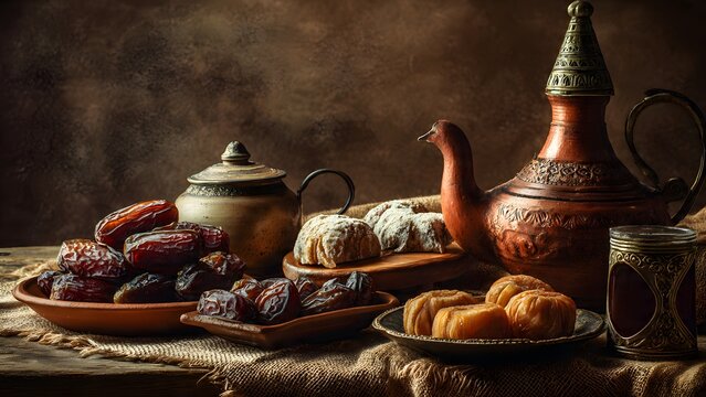 Rustic Tea Set and Assorted Pastries on Wooden Table