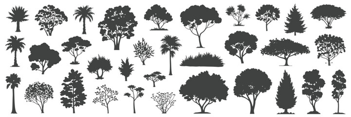 Obraz premium Tree silhouette icon collection set of graphics trees elements outline symbol for architecture of silhouettes of trees .landscape, and urban design projects, in vector design