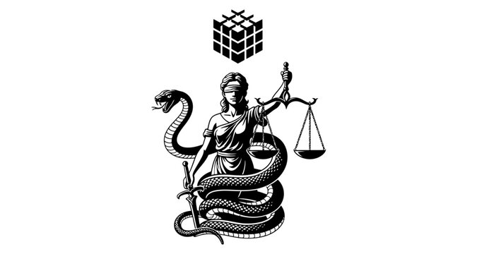 Lady Justice entwined with snake and cube against stark white background silhouette