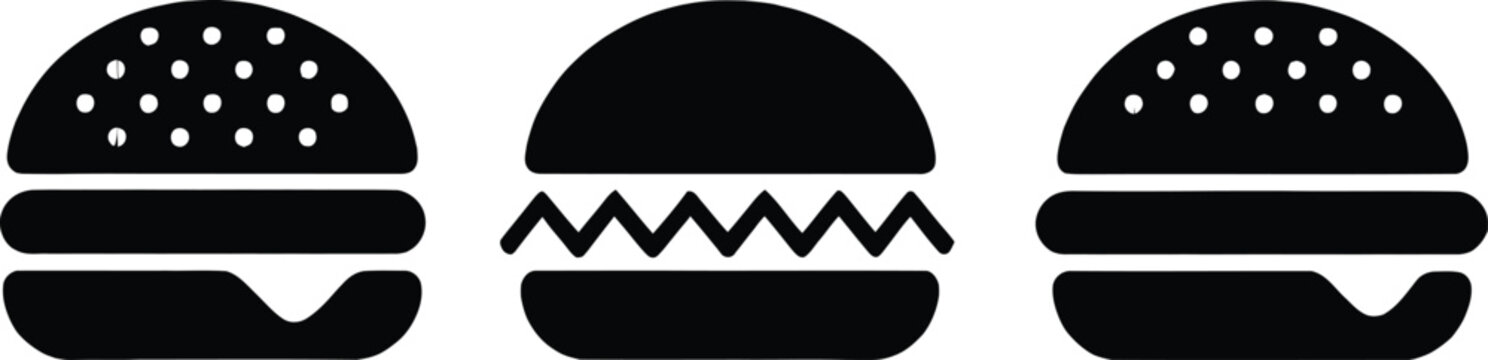 Three stylized hamburgers with different toppings in minimalist black and white design