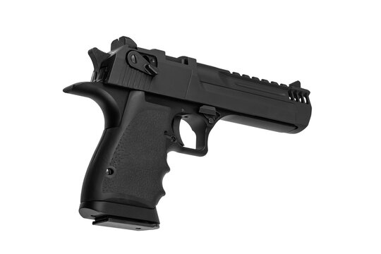 Modern black semi-automatic pistol isolated on a clean white back