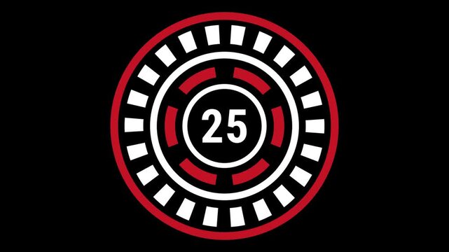 30-second gear-style countdown in red and white on black background with blinking outer ring, rotating inner dash ring, and changing center number.
