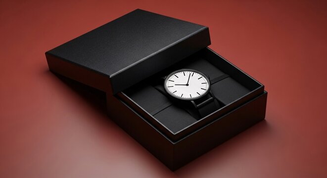 Elegant black wristwatch with a white dial and minimalist design presented in a sophisticated black gift box on a warm red background for luxury accessory branding and gift ideas
