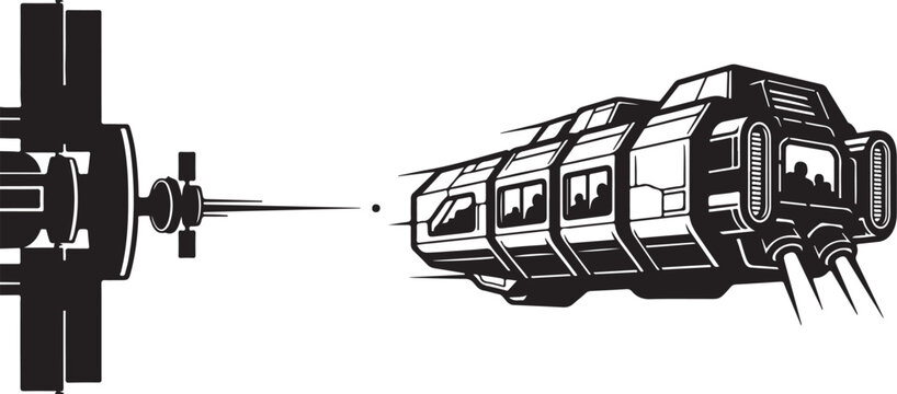 Futuristic spaceship, sci-fi vehicle, metallic spacecraft, black and white illustration
