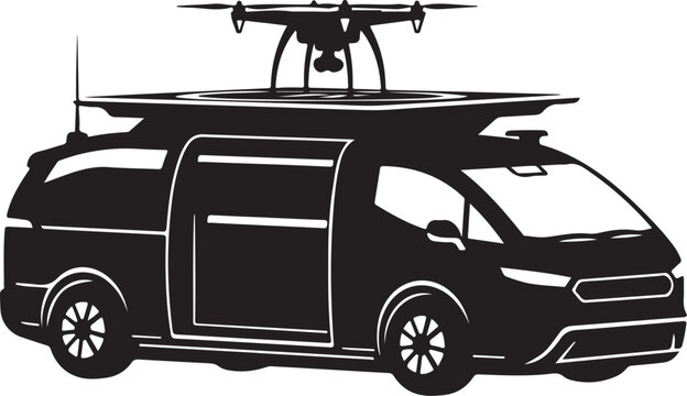 Black van with drone on roof, vehicle silhouette, drone carrier, transportation icon
