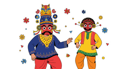Naklejka premium Vibrant illustration of traditional Indian folk dancers in elaborate masks and costumes, celebrating cultural heritage with colorful patterns and festive atmosphere.
