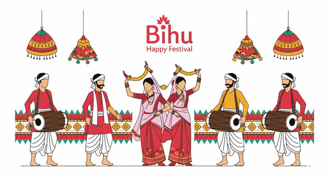 Happy Bihu Festival vector illustration depicting Assamese cultural celebration with traditional dancers, drummers, and decorative elements, folk art.