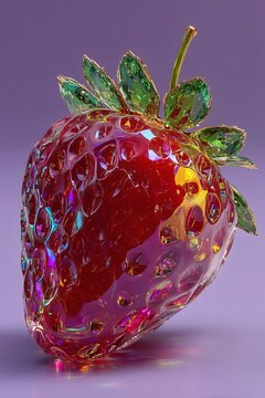 Vibrant Iridescent Strawberry Art on Purple Background, High-End Display