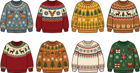 Christmas sweaters with reindeer and snowflakes, festive vector illustration © VectoVerse