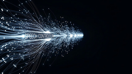 Obraz premium Speech control flow concept with glowing lines and dots on dark background