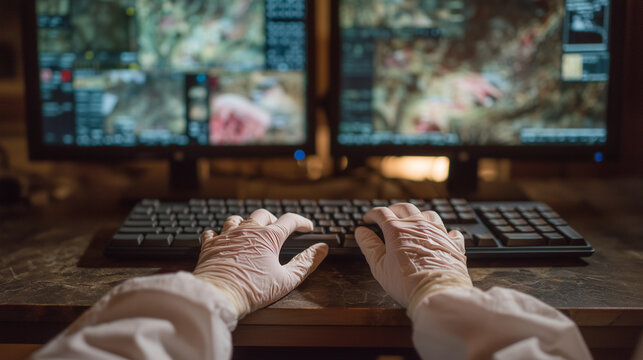 Simulation lab haptic trainer: medical student wearing sensor gloves performs virtual appendectomy, instructor observes monitors beside them, surgical education, procedural training assessment, medi