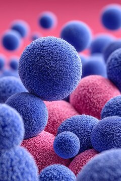 Abstract Macro View of Textured Blue and Pink Spheres on Pink Background