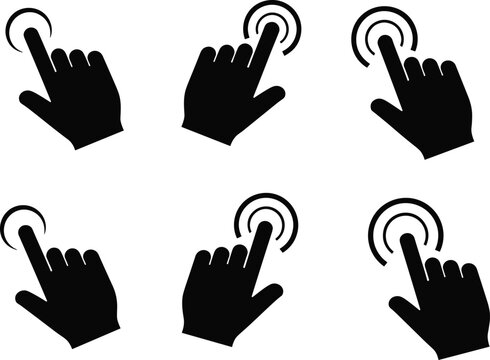 Black silhouette hands with extended index fingers pressing circular targets, touchscreen tap icons representing digital interaction, clicking, selecting, user interface design
