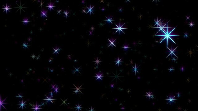 たくさんのカラフルな星が点滅しながら飛んでくる、4K画質、背景透過のループ映像素材
