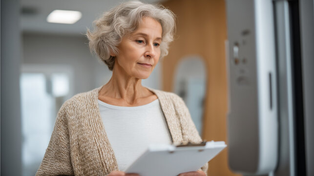Thin elderly woman in a sterile exam room standing on a body composition scale while a physician reviews results on a clipboard, muscle mass measurement sarcopenia diagnosis, geriatric assessment cl