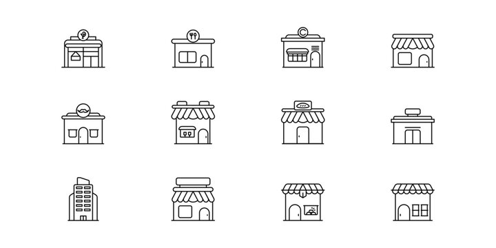 Shops and retail storefront outline icons set