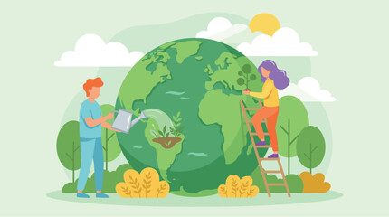 Naklejka premium People caring for the planet, watering plants and planting trees on a green globe illustration