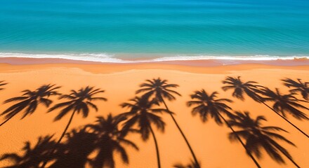 Obraz premium Palm tree shadows stretching across golden sand beach towards turquoise ocean water line