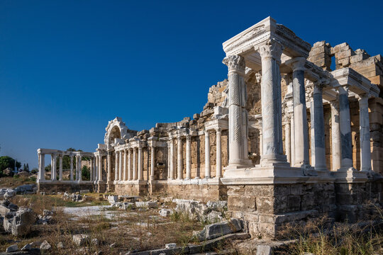 Ruined antique Anitsal Cesme (Nymphaeum) in Side. Antalya, Turkey.