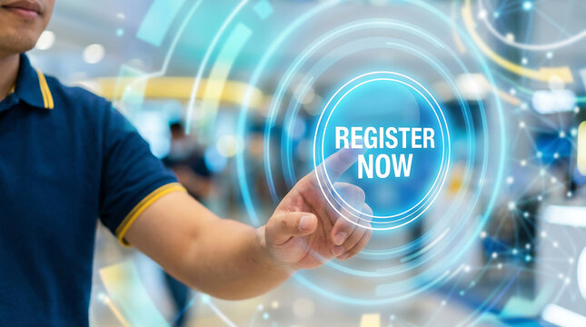 Man's finger presses a glowing digital "REGISTER NOW" button, symbolizing online registration and future technology.