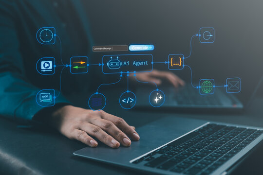 AI agents concept with businesswoman using laptop, connected AI icons and data flow, representing autonomous workflows, intelligent automation, multi-agent systems, enterprise digital transformation.