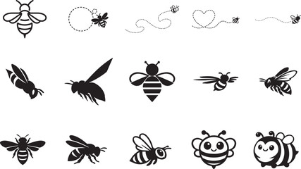 Cute bee flying icon set in flat and outline style isolated vector illustration for design use. © Mst.Atina