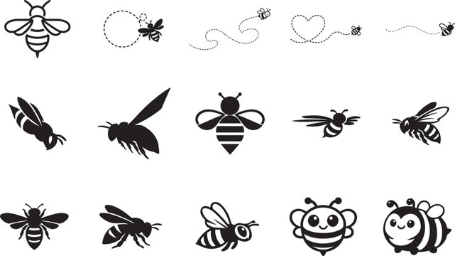 Cute bee flying icon set in flat and outline style isolated vector illustration for design use.