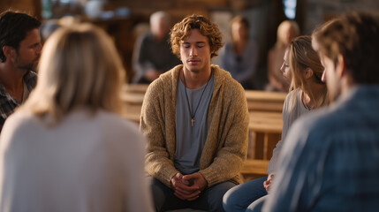 Fototapeta premium Spring grief support group seated in circle in community center, tissue boxes, soft afternoon light, Mental Health Awareness Month, group therapy, loss counseling, community mental health, diverse p