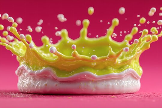 Vibrant Yellow Liquid Splash Crown on White Base with Pink Background