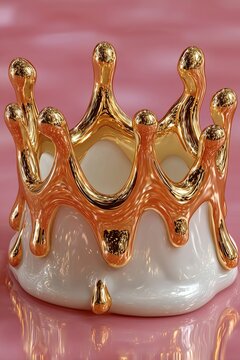 Abstract Gold Dripping Crown Design on Pink Reflective Background Luxury