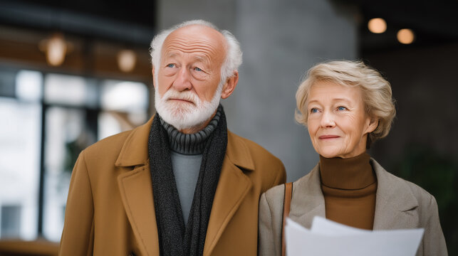 Senior couple walks slowly through a property line dispute arbitration office, holding hands, worried faces, documents in tote bag, elderly homeowners boundary dispute, senior property conflict, enc