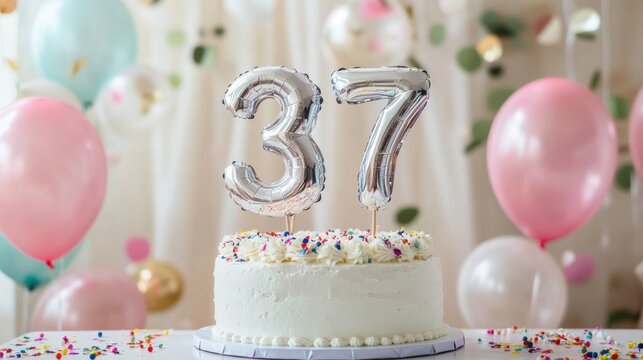Elegant 37th birthday celebration with cake and colorful balloons